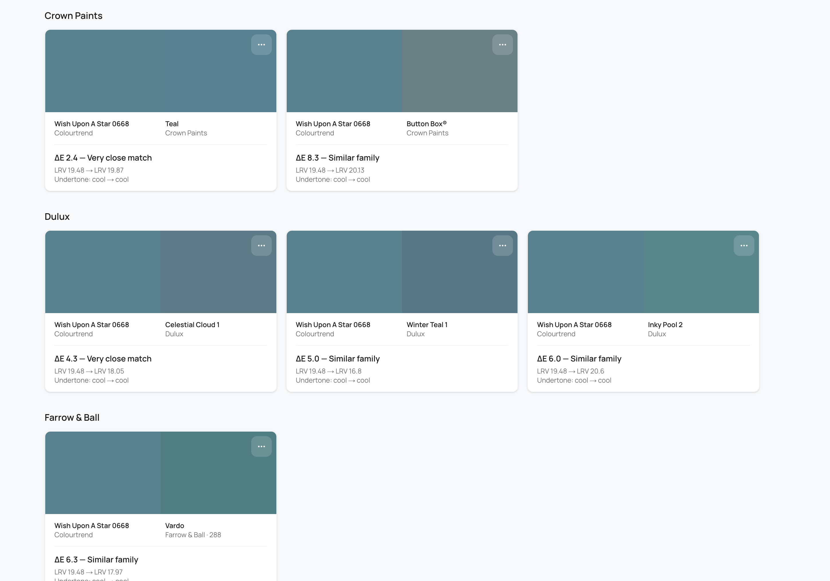 Brand Matcher comparing a source colour to closest matches across brands