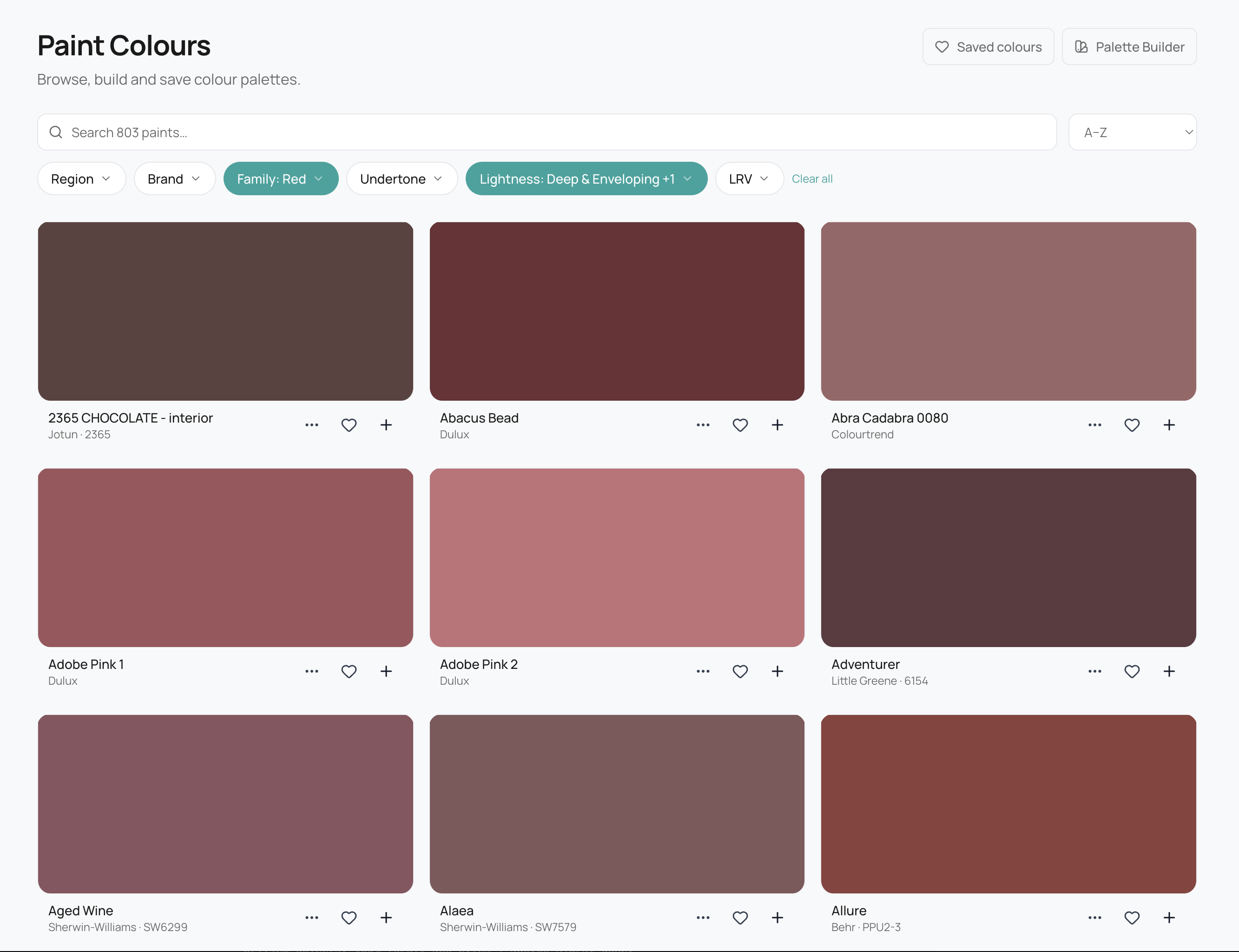 Colour Room grid with paint swatches, search, and filters