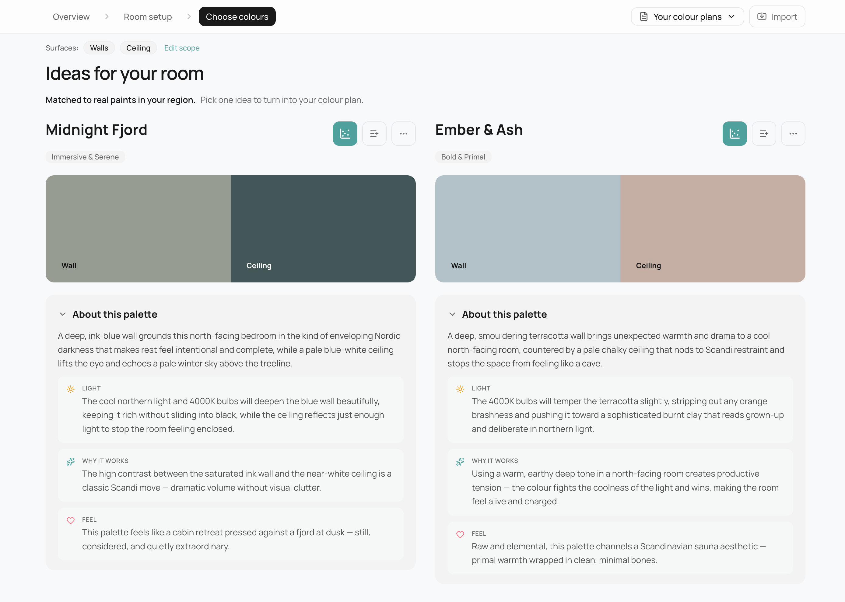 Ideas for your room — choose colours with side-by-side palette cards