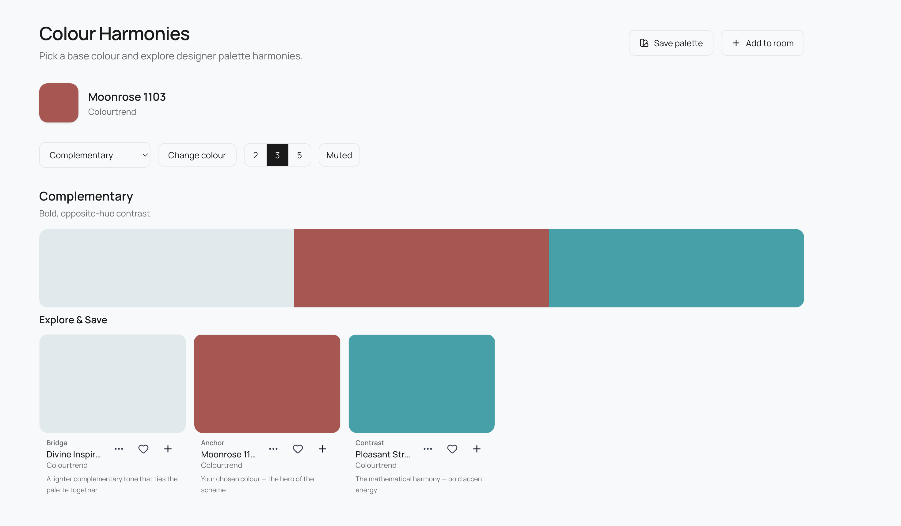 Colour Harmonies tool with base colour and harmony palettes