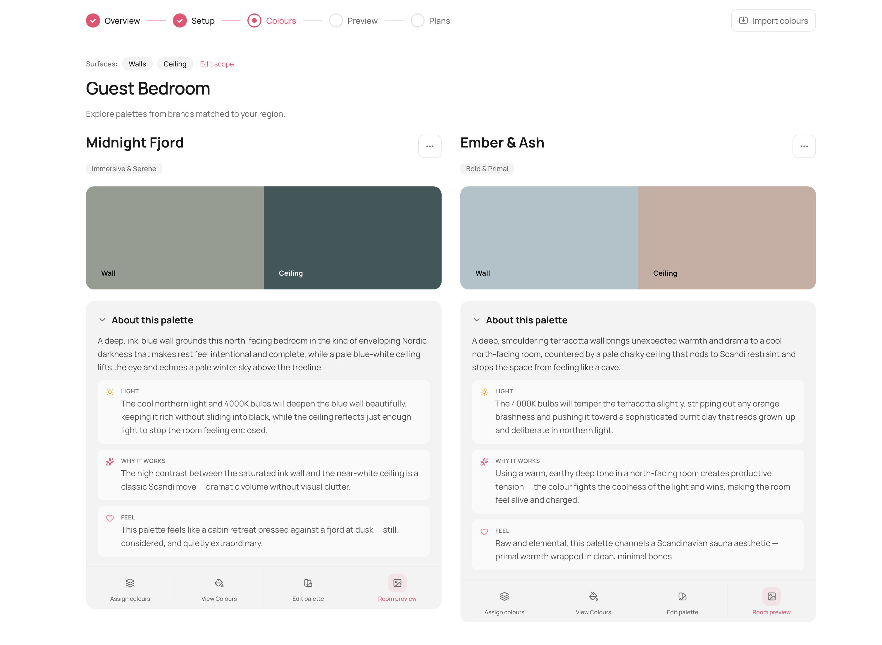 AI palette suggestions showing colour options for your room